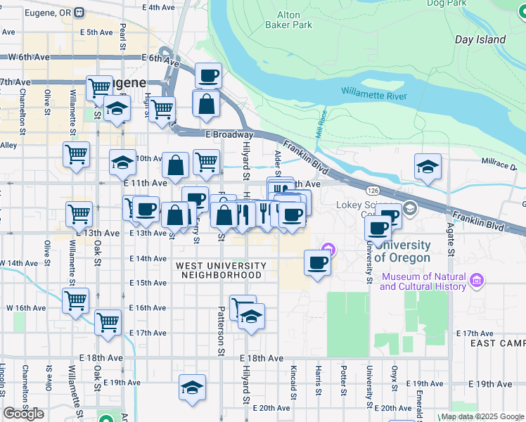 map of restaurants, bars, coffee shops, grocery stores, and more near 1255 Hilyard Street in Eugene