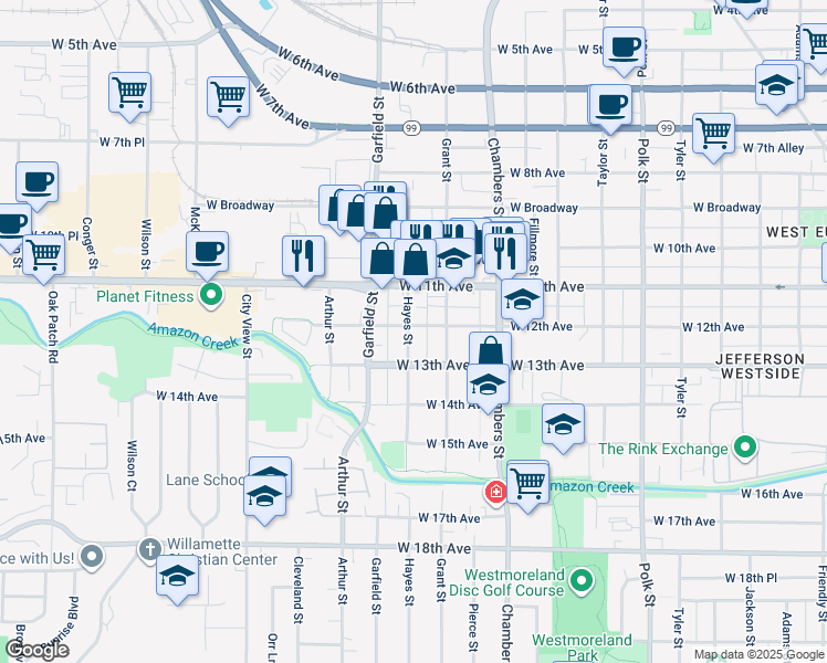 map of restaurants, bars, coffee shops, grocery stores, and more near 1890 West 12th Avenue in Eugene