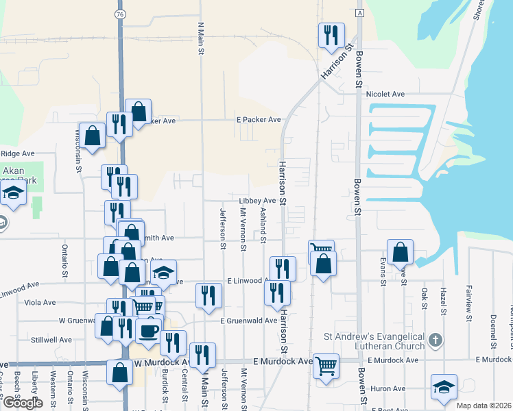 map of restaurants, bars, coffee shops, grocery stores, and more near 2339 Ashland Street in Oshkosh