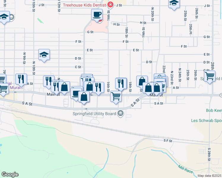 map of restaurants, bars, coffee shops, grocery stores, and more near 590 Main Street in Springfield