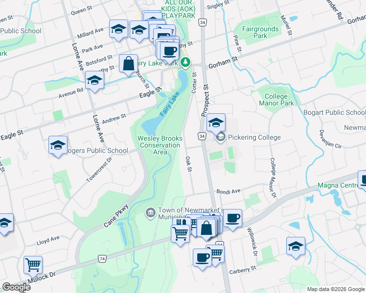map of restaurants, bars, coffee shops, grocery stores, and more near 188 Wainscot Avenue in Newmarket