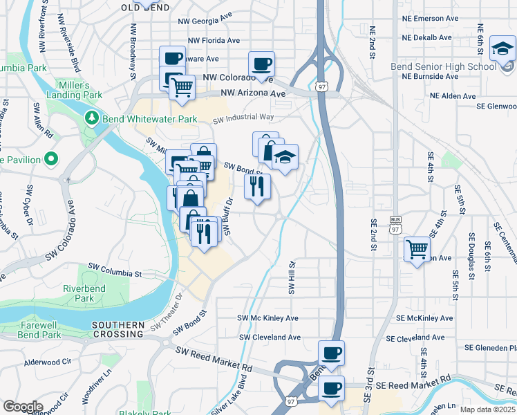 map of restaurants, bars, coffee shops, grocery stores, and more near 233 Southwest Wilson Avenue in Bend