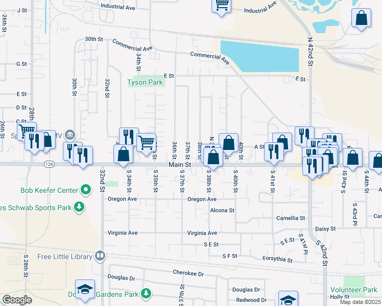 map of restaurants, bars, coffee shops, grocery stores, and more near 3754 Main Street in Springfield