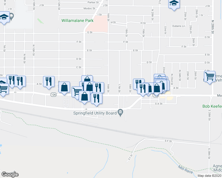 map of restaurants, bars, coffee shops, grocery stores, and more near 1604 Main Street in Springfield