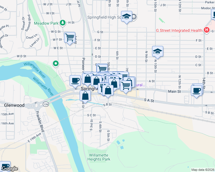 map of restaurants, bars, coffee shops, grocery stores, and more near 500 Main Street in Springfield