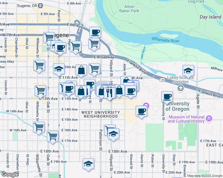 map of restaurants, bars, coffee shops, grocery stores, and more near in Eugene
