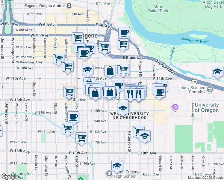 map of restaurants, bars, coffee shops, grocery stores, and more near 1250 Ferry Street in Eugene