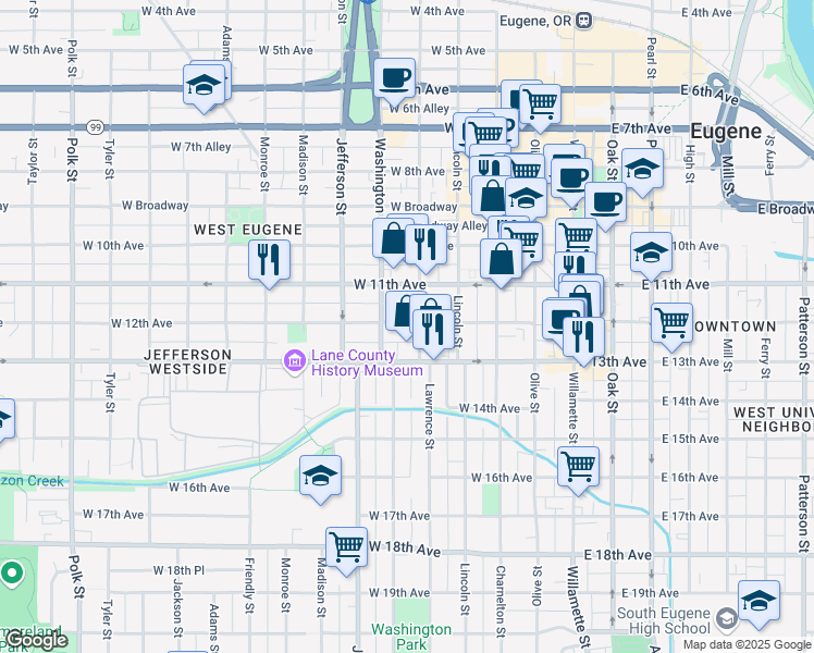map of restaurants, bars, coffee shops, grocery stores, and more near 1262 Lawrence Street in Eugene