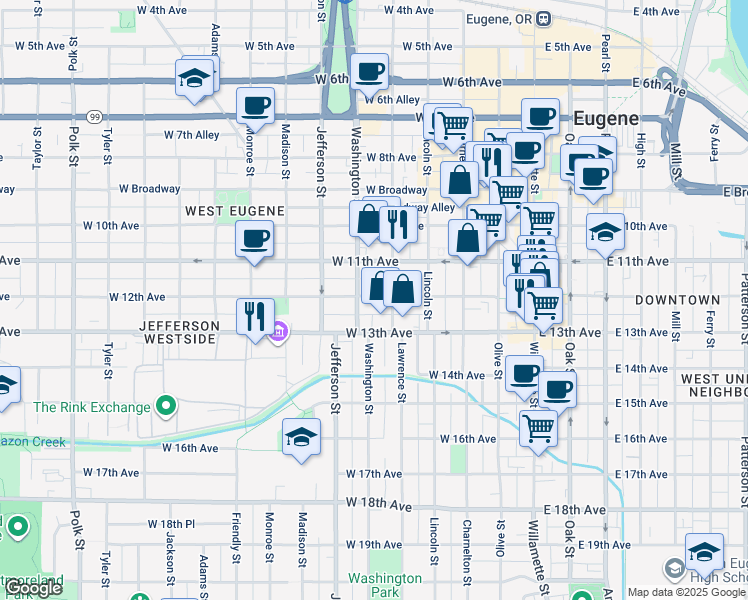 map of restaurants, bars, coffee shops, grocery stores, and more near 1262 Lawrence Street in Eugene