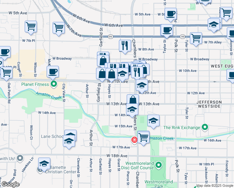 map of restaurants, bars, coffee shops, grocery stores, and more near 1785 West 13th Avenue in Eugene