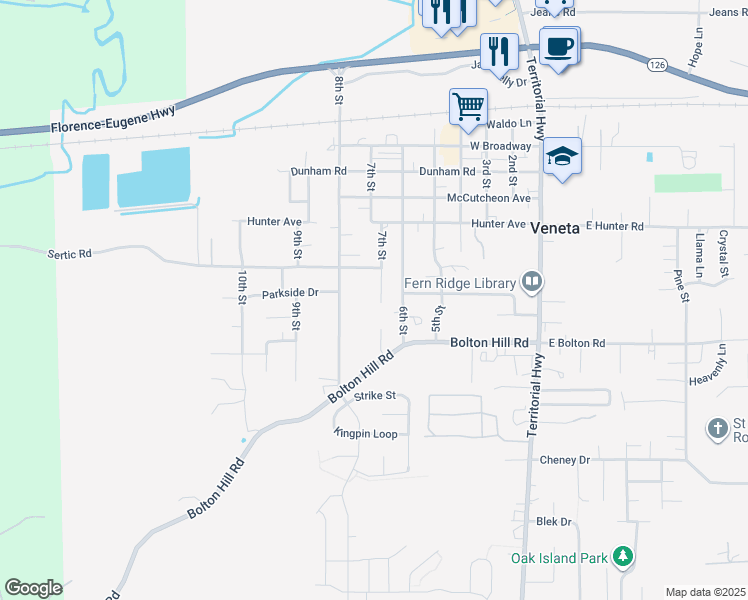 map of restaurants, bars, coffee shops, grocery stores, and more near 88012 6th Street in Veneta
