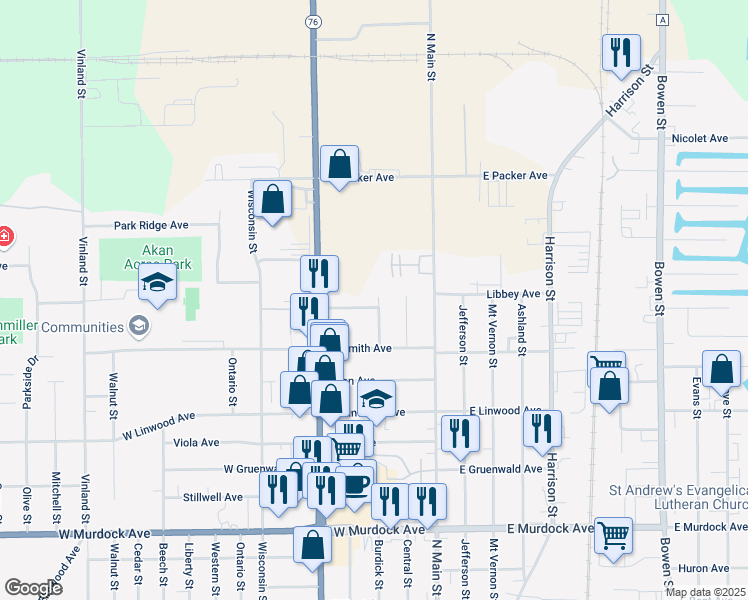 map of restaurants, bars, coffee shops, grocery stores, and more near 2331 Geneva Street in Oshkosh