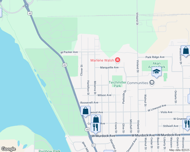 map of restaurants, bars, coffee shops, grocery stores, and more near 2336 Minerva Street in Oshkosh