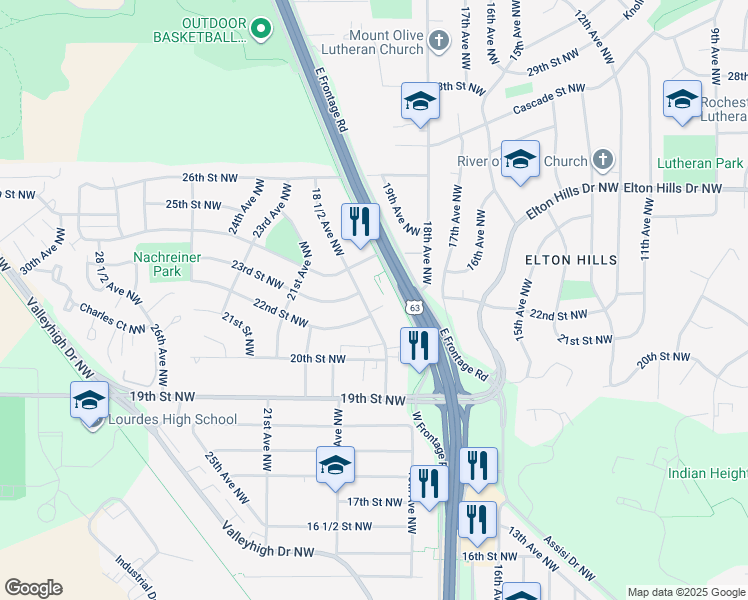 map of restaurants, bars, coffee shops, grocery stores, and more near 1853 22nd Street Northwest in Rochester