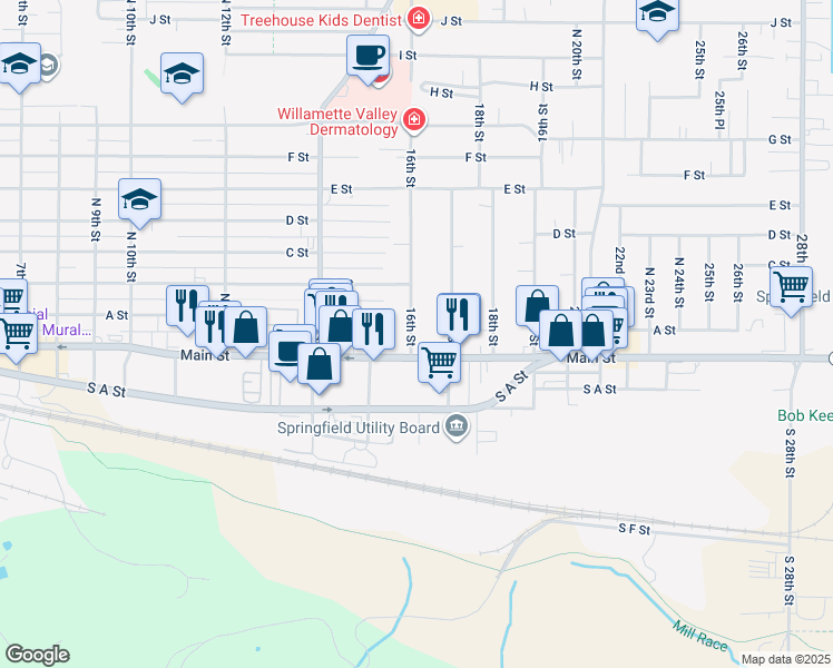 map of restaurants, bars, coffee shops, grocery stores, and more near 141 16th Street in Springfield
