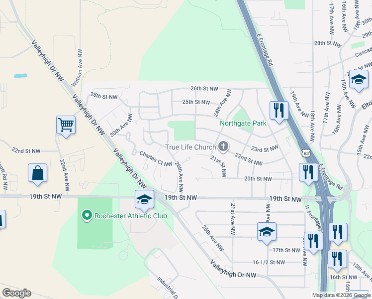 map of restaurants, bars, coffee shops, grocery stores, and more near 2418 21st Street Northwest in Rochester