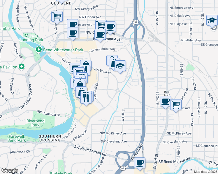 map of restaurants, bars, coffee shops, grocery stores, and more near 233 Southwest Wilson Avenue in Bend