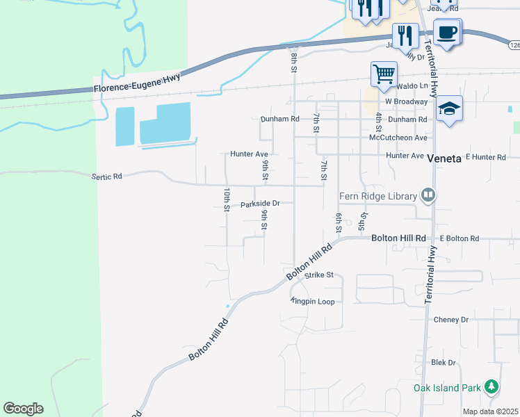 map of restaurants, bars, coffee shops, grocery stores, and more near 88026 9th Street in Veneta