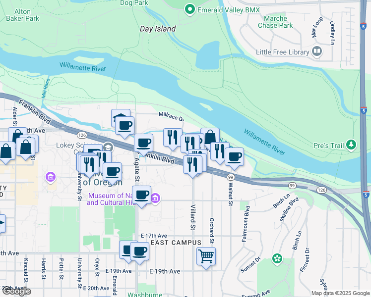 map of restaurants, bars, coffee shops, grocery stores, and more near 1840 Garden Avenue in Eugene