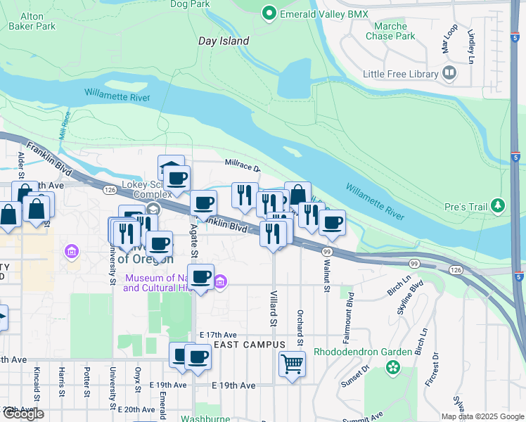 map of restaurants, bars, coffee shops, grocery stores, and more near 1840 Garden Avenue in Eugene