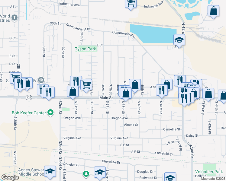map of restaurants, bars, coffee shops, grocery stores, and more near 3754 Main Street in Springfield