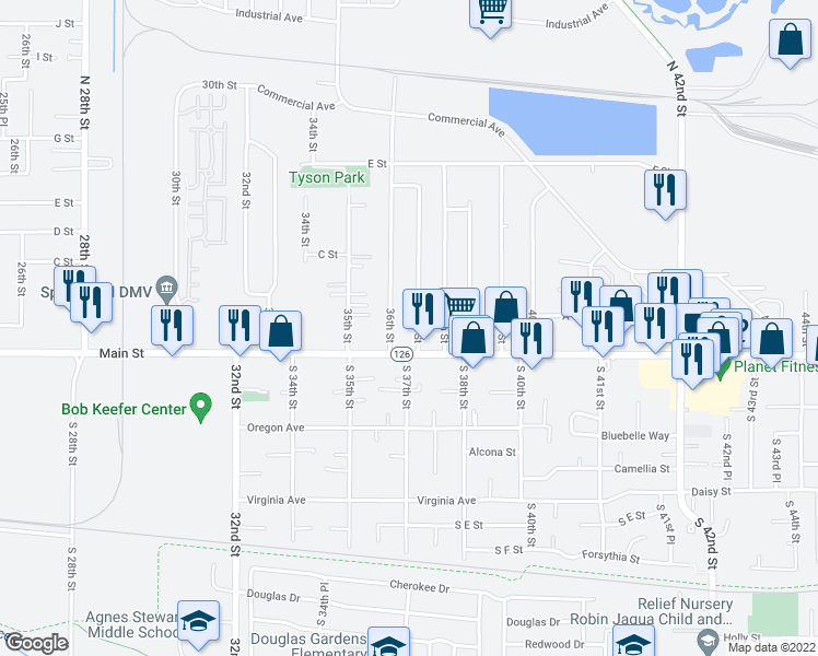map of restaurants, bars, coffee shops, grocery stores, and more near 154 37th Street in Springfield