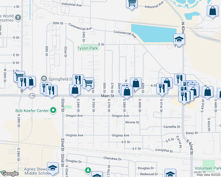 map of restaurants, bars, coffee shops, grocery stores, and more near 154 37th Street in Springfield