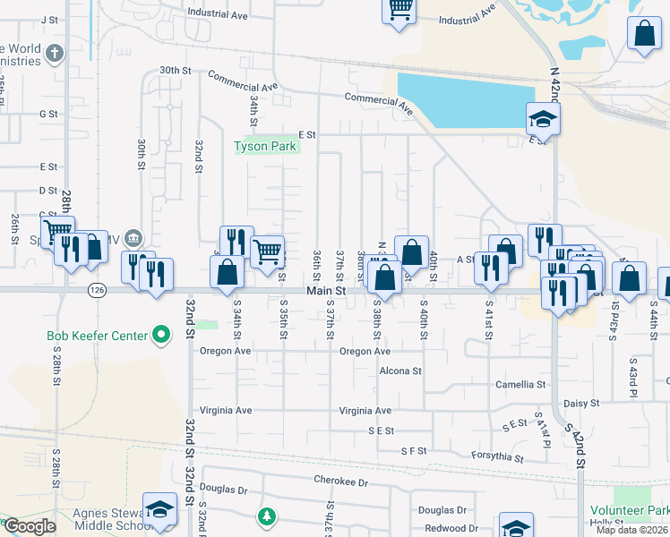 map of restaurants, bars, coffee shops, grocery stores, and more near 3640 Main Street in Springfield