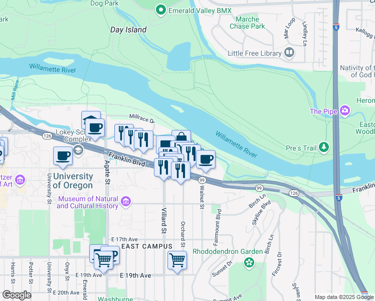 map of restaurants, bars, coffee shops, grocery stores, and more near 1973 Garden Avenue in Eugene