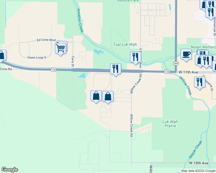 map of restaurants, bars, coffee shops, grocery stores, and more near 1325 Westec Drive in Eugene