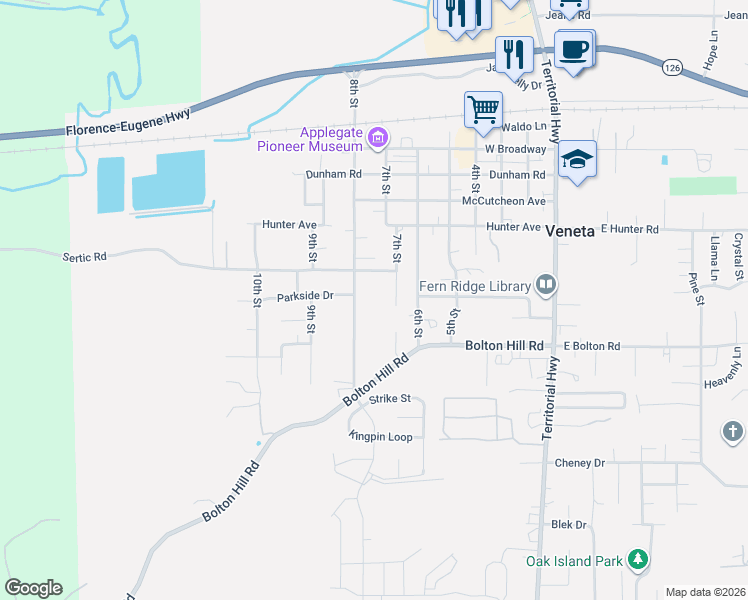 map of restaurants, bars, coffee shops, grocery stores, and more near 88023 8th Street in Veneta