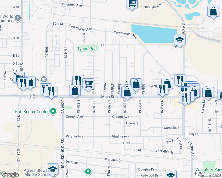 map of restaurants, bars, coffee shops, grocery stores, and more near 3640 Main Street in Springfield