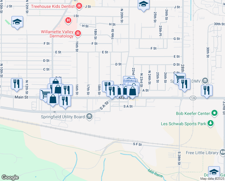 map of restaurants, bars, coffee shops, grocery stores, and more near 1870 Main Street in Springfield