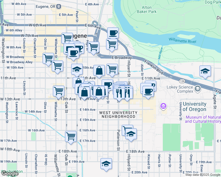 map of restaurants, bars, coffee shops, grocery stores, and more near 1250 Ferry Street in Eugene