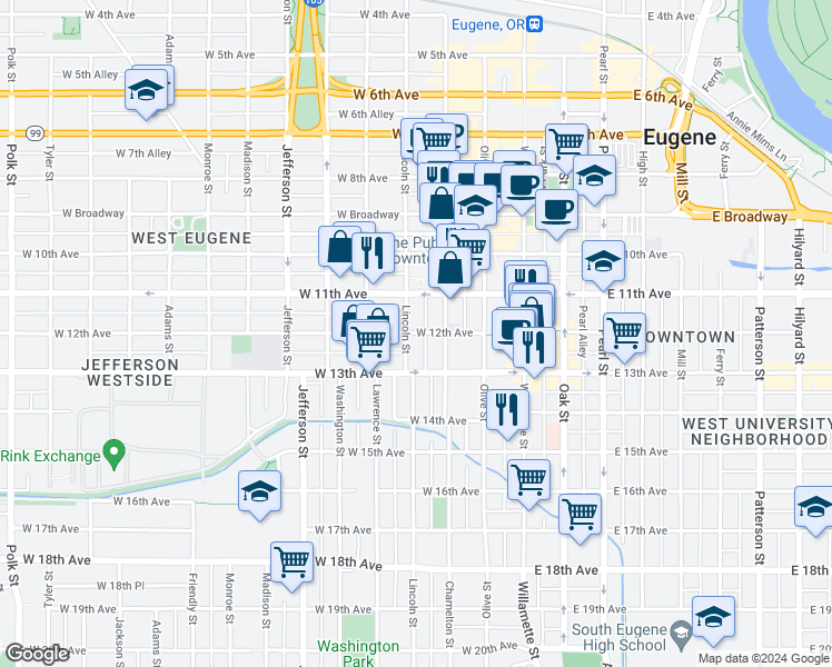 map of restaurants, bars, coffee shops, grocery stores, and more near 325 West 13th Avenue in Eugene