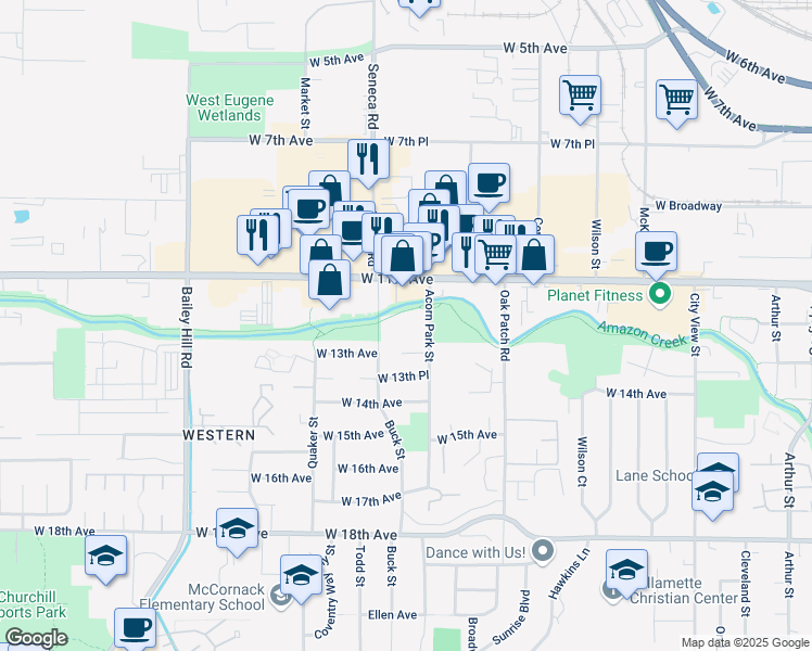 map of restaurants, bars, coffee shops, grocery stores, and more near 1290 Acorn Park Street in Eugene