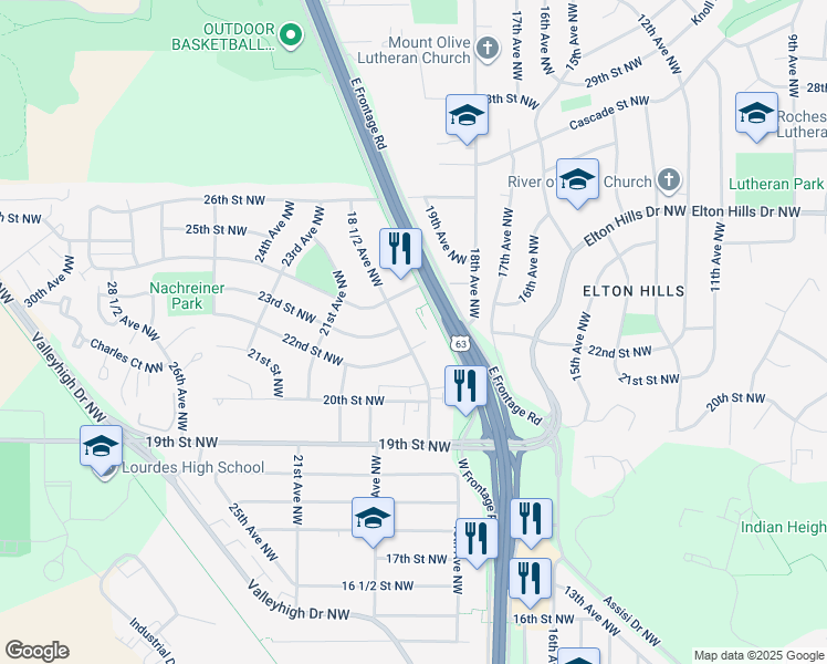 map of restaurants, bars, coffee shops, grocery stores, and more near 1853 22nd Street Northwest in Rochester