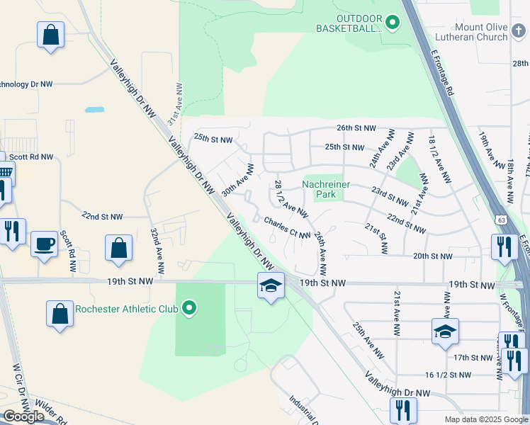 map of restaurants, bars, coffee shops, grocery stores, and more near 2735 Charles Court Northwest in Rochester