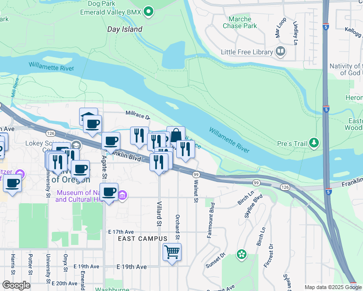 map of restaurants, bars, coffee shops, grocery stores, and more near 1973 Garden Avenue in Eugene