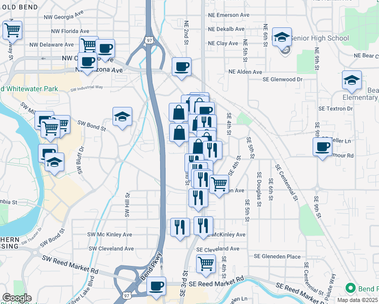 map of restaurants, bars, coffee shops, grocery stores, and more near 400 Southeast 2nd Street in Bend