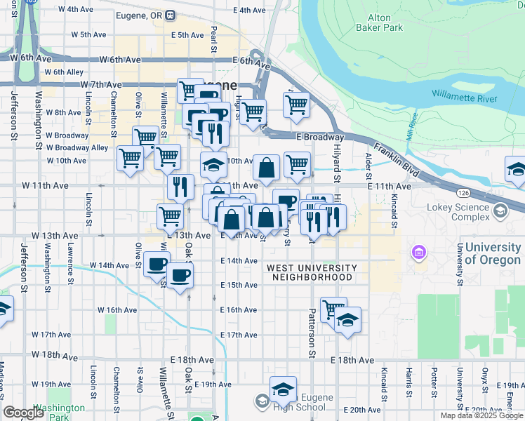 map of restaurants, bars, coffee shops, grocery stores, and more near Mill St & E 12th Ave in Eugene