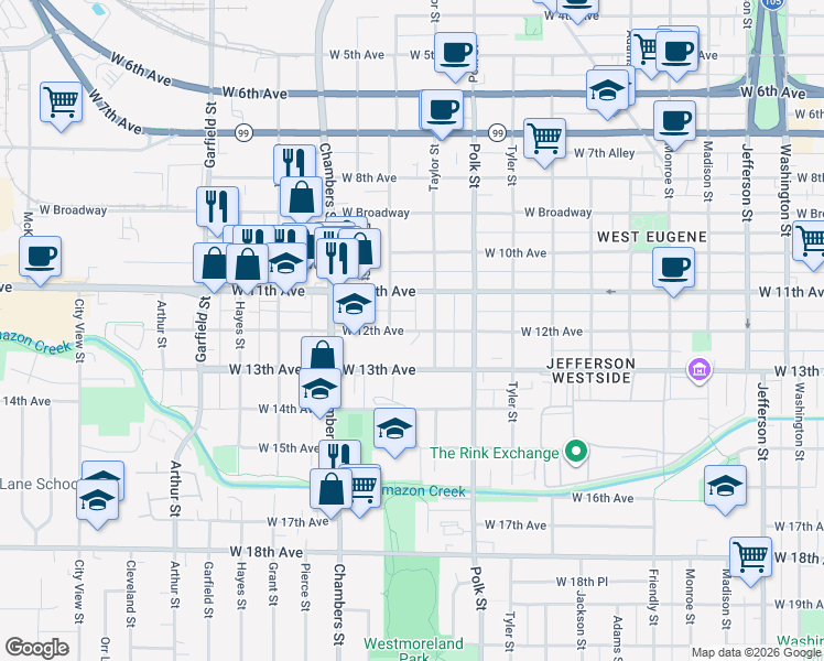 map of restaurants, bars, coffee shops, grocery stores, and more near 1480 West 12th Avenue in Eugene