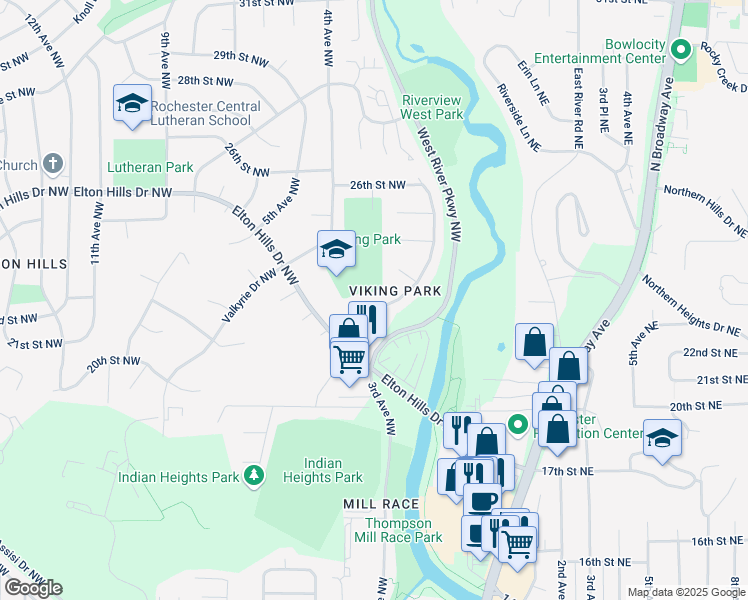 map of restaurants, bars, coffee shops, grocery stores, and more near 2210 Viking Drive Northwest in Rochester