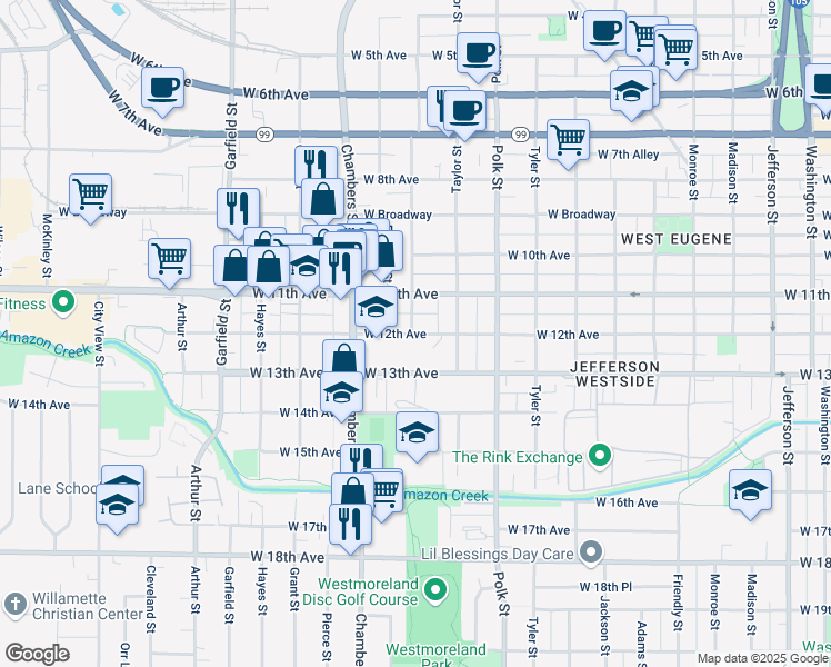 map of restaurants, bars, coffee shops, grocery stores, and more near 1530 West 12th Avenue in Eugene