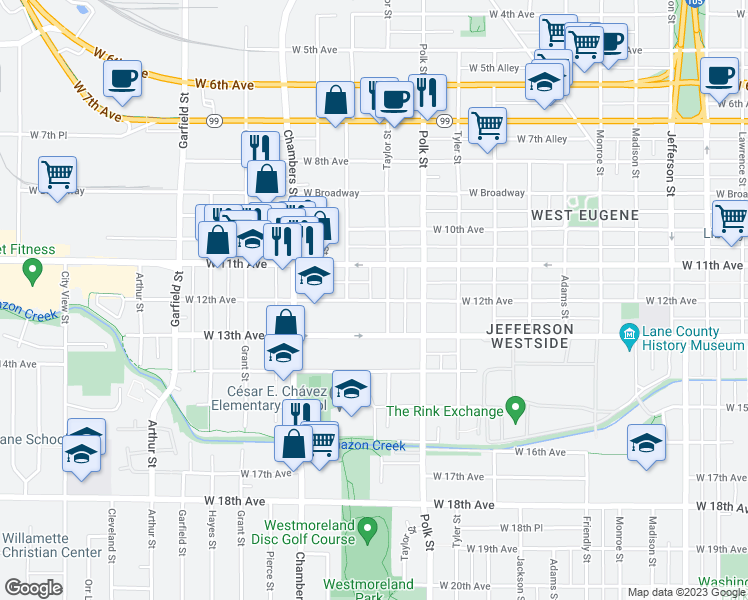 map of restaurants, bars, coffee shops, grocery stores, and more near 1435 West 12th Avenue in Eugene