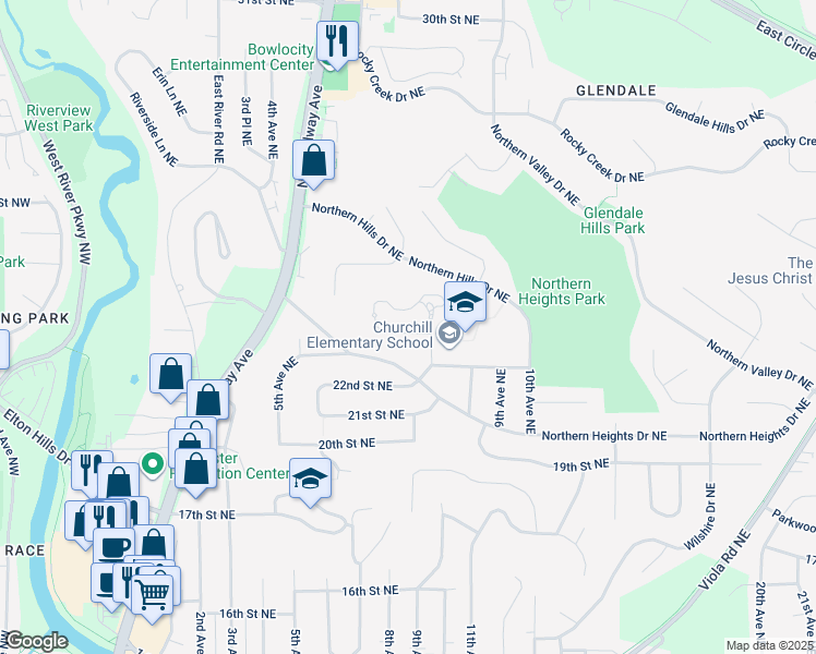 map of restaurants, bars, coffee shops, grocery stores, and more near 640 23rd Street Northeast in Rochester