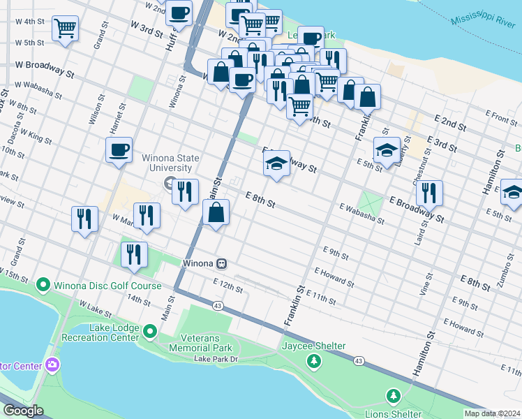 map of restaurants, bars, coffee shops, grocery stores, and more near 410 Lafayette Street in Winona