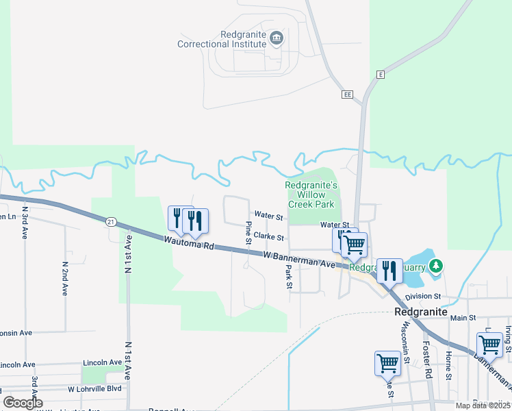 map of restaurants, bars, coffee shops, grocery stores, and more near 629 Water Street in Redgranite
