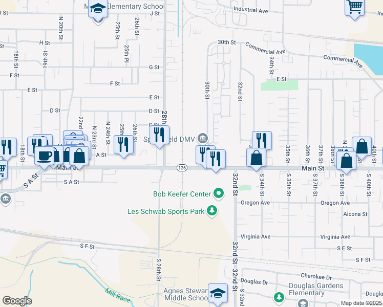 map of restaurants, bars, coffee shops, grocery stores, and more near 3000 Main Street in Springfield
