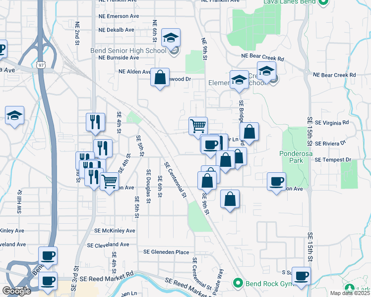 map of restaurants, bars, coffee shops, grocery stores, and more near 625 Southeast Woodland Boulevard in Bend